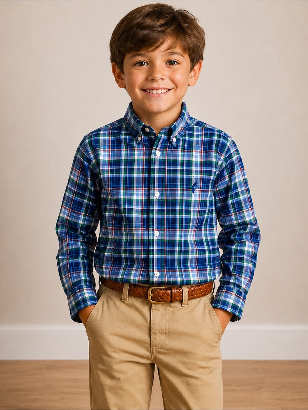 Polo Ralph Lauren Boys 7 Blue Green Plaid Cotton Long Sleeve Button Down Shirt